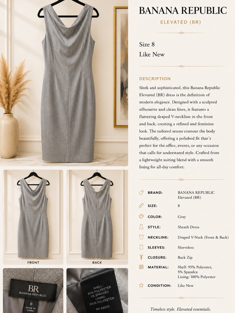 Banana Republic Gray Draped V-Neck Sheath Midi Dress